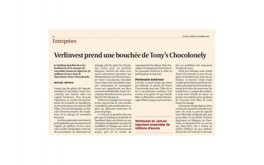 TONY'S CHOCOLONELY: INVESTMENT ANNOUNCEMENT